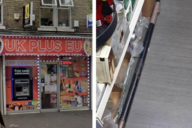 A metal pole was found behind the counter of UK PLUS EU by police