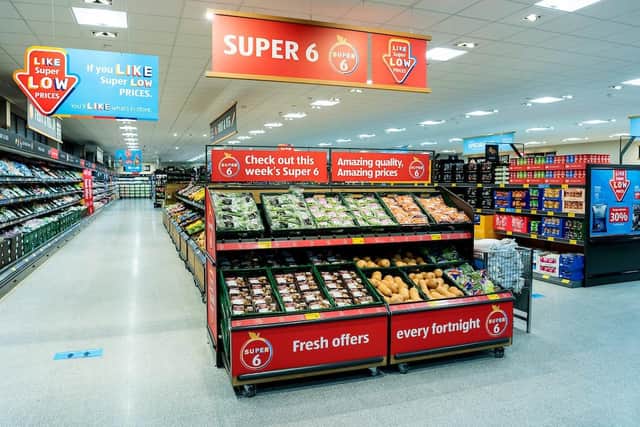 The interior of an Aldi store.
