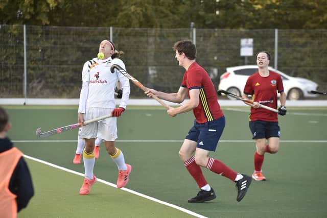 Hockey action from City of Peterborough men v Nottingham University at Bretton Gate. Photo: David Lowndes.