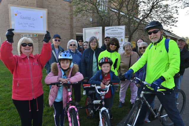 Brookside Methodist Church sponsored cyclists Holly Mason (8), Reuben Mason (7) and George Barber (63) who have raised money for repairs at the church.