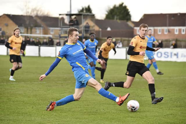 Dan Jarvis of Peterborough Sports put this chance just wide against Southport. Photo: David Lowndes.
