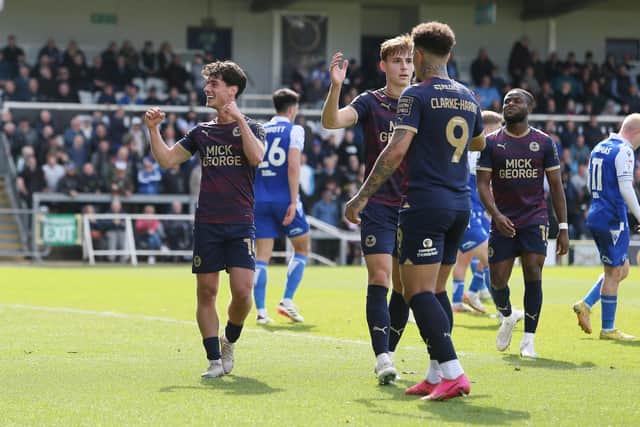 Joel Randall (left) celebrates his goal for Posh at Bristol Rovers. Photo Joe Dent/theposh.com.