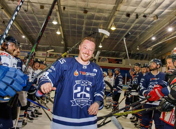 Phantoms skipper Will Weldon receives a guard of honour from the players before his testimonial match at Planet Ice. Photo: Darrill Stoddart
