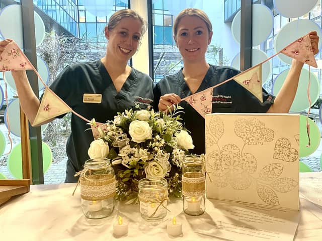 Critical Outreach Nurse Practitioners Natasha Steels-Webb (right) and  Lois Kendall with some of the Wedding Box items.
