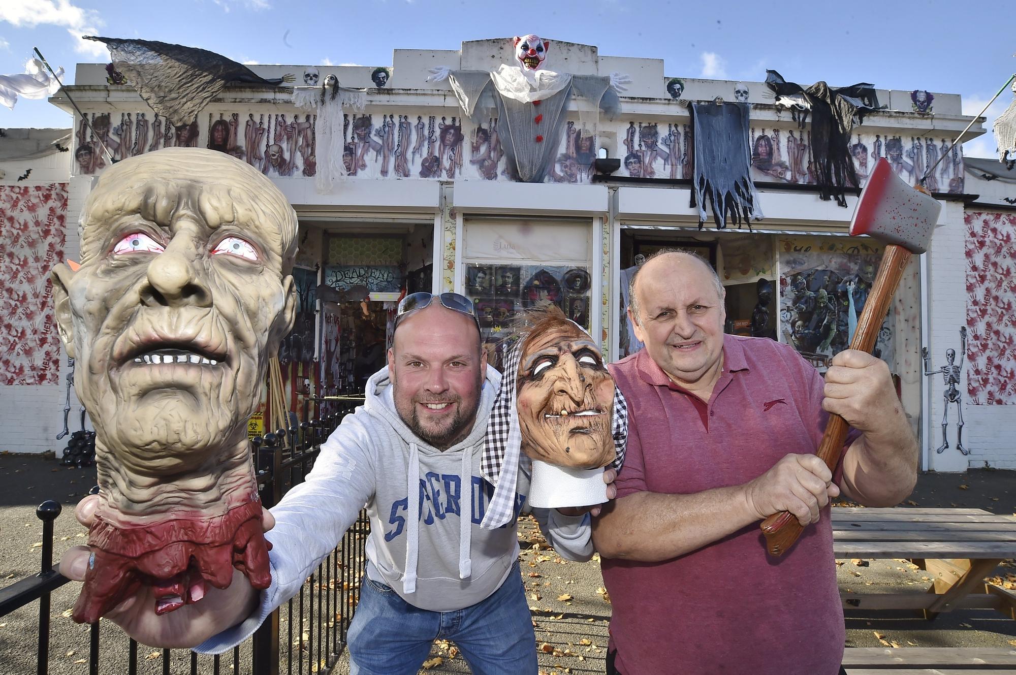 Taken in 2018. Tony Setchfield and his dad Tony Setchfield, owners of The Hive party shop and the  Honey Bee's cafe -  both decorated for Halloween.
