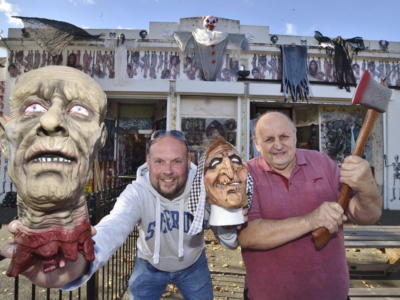 Taken in 2018. Tony Setchfield and his dad Tony Setchfield, owners of The Hive party shop and the Honey Bee's cafe - both decorated for Halloween.