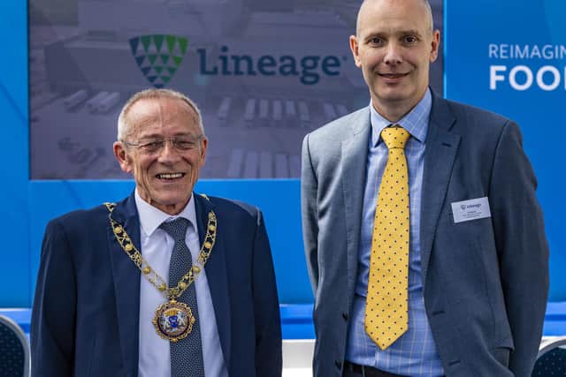 Tim Moran, head of operations Europe at Lineage, right, with Councillor Stephen Lane, Mayor of Peterborough at the opening of Lineage Logistics' new South East Superhub in Peterborough - a fully-automated cold storage warehouse creating 230 jobs.