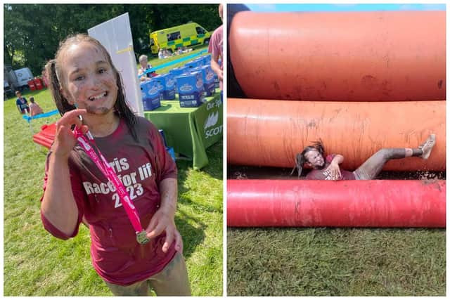 Ten-year-old Iris took just under an hour to tackle the three-mile long, mud-soaked course.