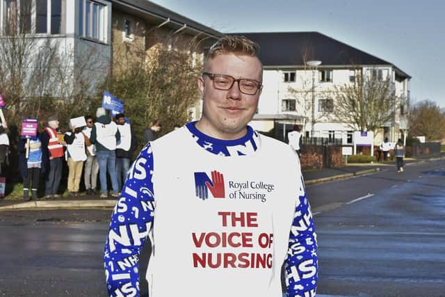 Student nurse William Arber-Colmer on the picket line at Doddington Hospital, in March.