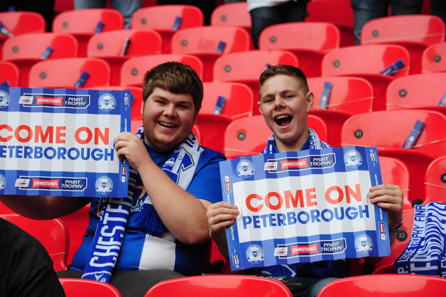 Peterborough United fans soak in the Wembley atmosphere in 2014.