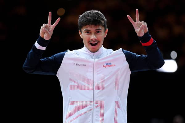 Jake Jarman celebrates a gold medal at the European Championships in Munich. (Photo by Matthias Hangst/Getty Images).