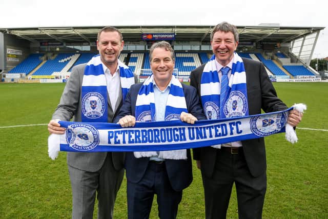 On the day Dr Jason Neale (right) and Stewart Thompson (centre) became co-owners of Posh in 2018. Photo: Joe Dent/theposh.com.