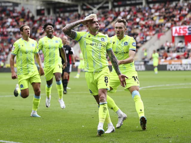 Sammie Szmodics celebrates his second goal for Blackburn Rovers at Rotherham United, (Photo by Jess Hornby/Getty Images).