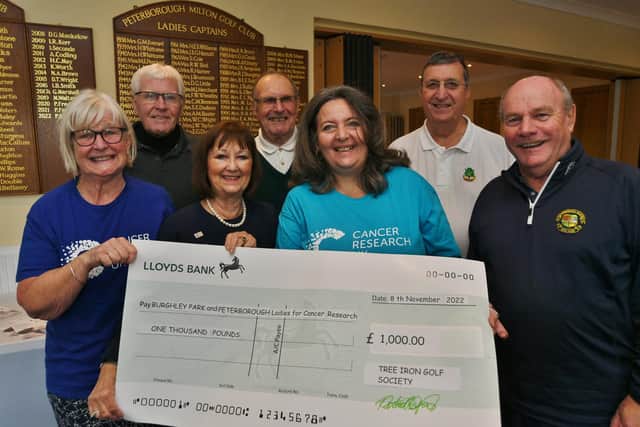 Sandy Nickerson, Ann Hanson and Jo Keogh MBE, from Burghley Park and Peterborough Ladies Cancer Research UK, receive a cheque from John MacCallum, Patrick Garner, Keith Worth and Russell Laxton from the Milton Golf Club Tree Iron Society following their annual charity fundraising