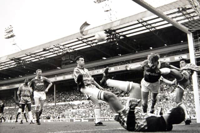 The controversial first goal for Posh in the 1992 Wembley final scored by Ken Charlery (out of picture).