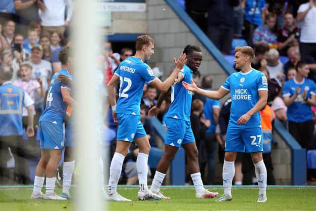 Posh celebrate their winning goal against Charlton. Photo: Joe Dent/theposh.com