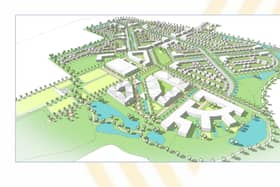 This image gives an early idea of the layout of the new development proposed for the East of England Showground. The planned leisure village is to the front of the image. The remainder is housing.
