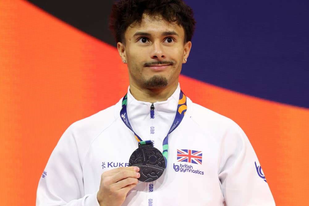 Jake Jarman with his silver medal from the Floor event at the World Championships. Photo by Adam Pretty/Getty Images.