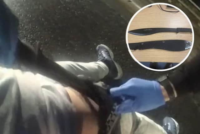 The moment the machete (inset) is recovered by police