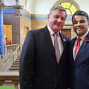 Councillor Dennis Jones  was voted in as Leader of the Council, pictured with  Councillor Amjad Iqbal, Deputy Leader.