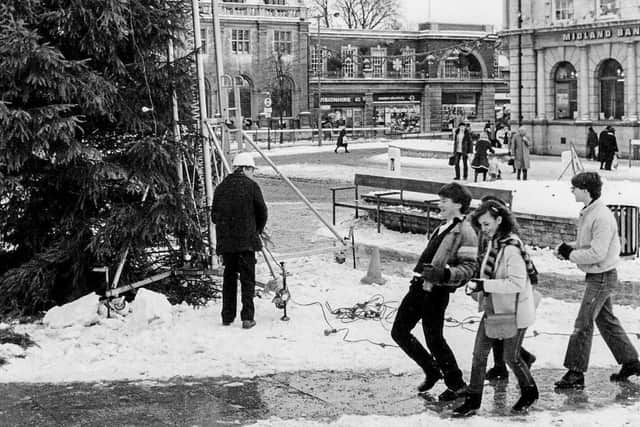 A snowy - and slippy - Peterborough city centre in the 1980s