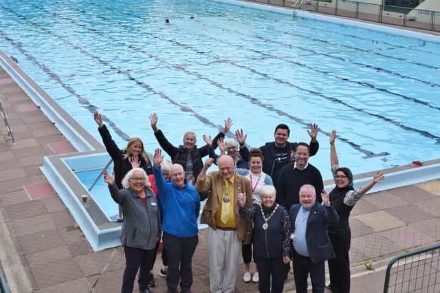 Mayor of Peterborough Cllr Nick Sandford (middle) with Mayoress Bella Saltmarsh with guests at the official opening of the Lido.