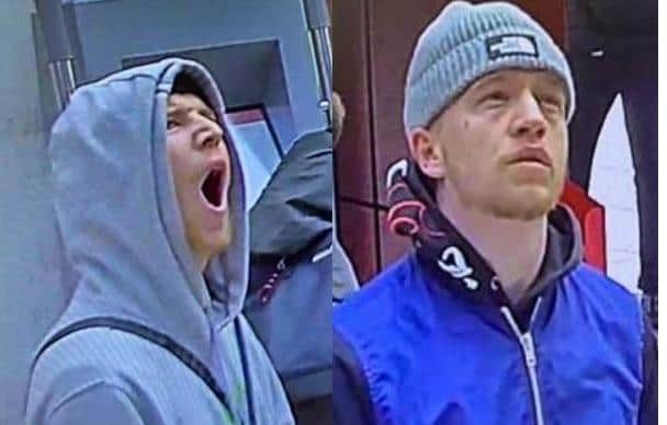 Kieran Tansey is wearing a grey North face beanie hat, black Hoodrich tracksuit with the brand name written across the groin, and a dark blue, waist length, bomber jacket.
Connor Downer is wearing a baby blue Nike tracksuit. He’s also carrying a black man bag.