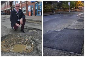 Cllr Coles in the car park before the work was carried out (right) and the patched up road surface (left)