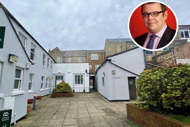 Peterborough's Cowgate, numbers 14 to 30, which are on the market with a £2.2 million price tag; inset, Julian Welch of Eddisons.