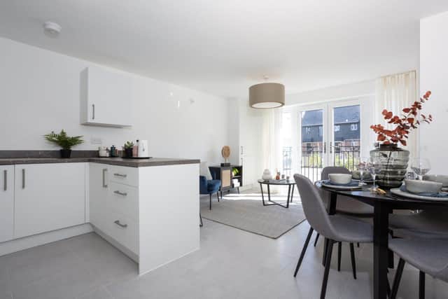 •	The open-plan living space in a Lily apartment at Bovis Homes’ Hampton Water location near Peterbo