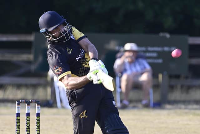 Zeeshan Manzoor hitting out at the Burghley Sixes for Peterborough Town. Photo David Lowndes.
