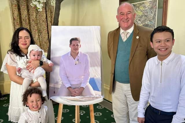 Mauricee with children Mattheus, Gabriel and Alejandria and Hugh Adams, from Brain Tumour Research at the memorial service