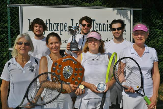 Some of the competitors at the Longthorpe Tennis Club Finals, front, left to right, Angie Axe, Vicky Axe, Lesley Luton, Kate Ashby, back Sam Brown, Toby Eldred and Harvey Adcock/ Photo: David Lowndes.