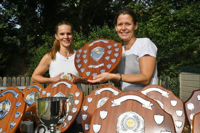 Longthorpe Tennis Club ladies open singles finalists Amanda Morgan (left) and winner Vicky Axe.