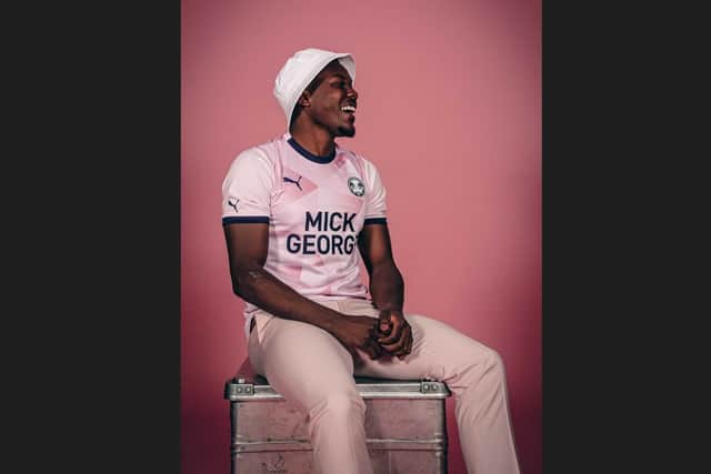 Ephron Mason-Clark models the new Posh away kit for 2023/24. Photo: Joe Dent.