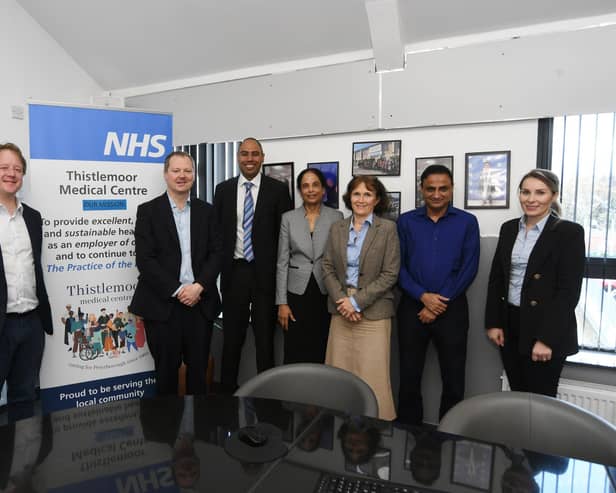 From left, Peterborough MP Paul Bristow with Neil O'Brien, Minister for Primary Care and Public Health, during his visit to the Thistlemoor Medical Centre with Dr Neil and Nalini Modha, Dr Catherine Jones, Azhar Chaudhry and Paulina Janczura.