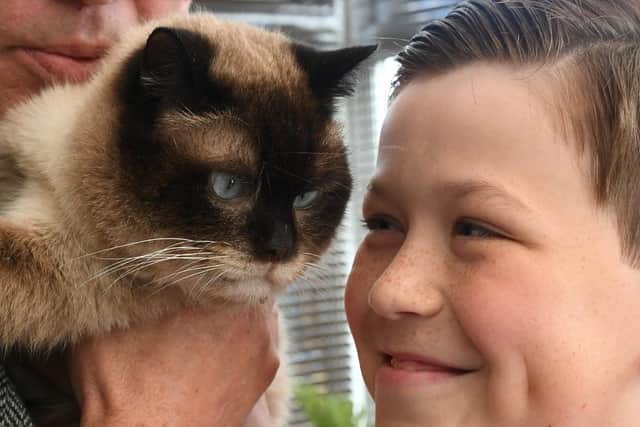 Pavlo Udovychenko (10) and the cat from Ukraine, Murchik, at their home in Thorney (image: David Lowndes)