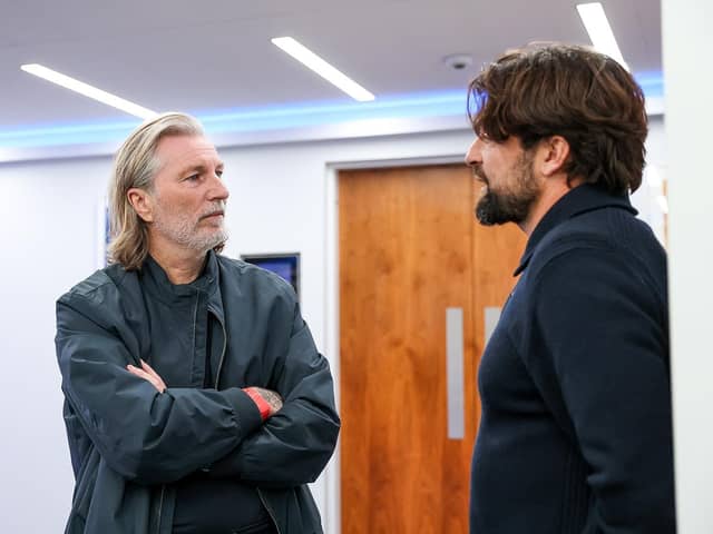 Robbie Savage speaks to Leicester boss Russell Martin before kick-off. Photo Joe Dent/theposh.com.