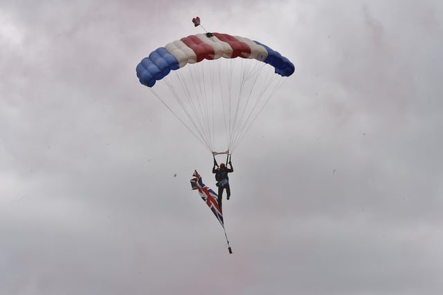 The RAF Falcons parachute display team.