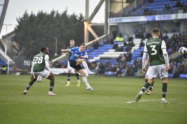Jack Taylor shoots for goal as Posh beat Plymouth on Saturday. Photo: David Lowndes.