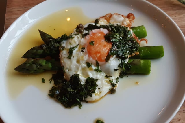 Brad Barnes dines at the new Mildred's Bistro in Stamford. The asparagus starter