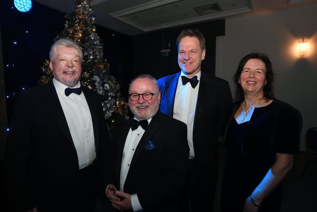 Peterborough Telegraph Business Excellence Awards 2022.  Guest speaker Simon Weston with Matt Gladstone, chief executive of Peterborough City Council, Councillor Wayne Fitzgerald, leader of the city council, and Carole Hughes, founder of Anna's Hope.
