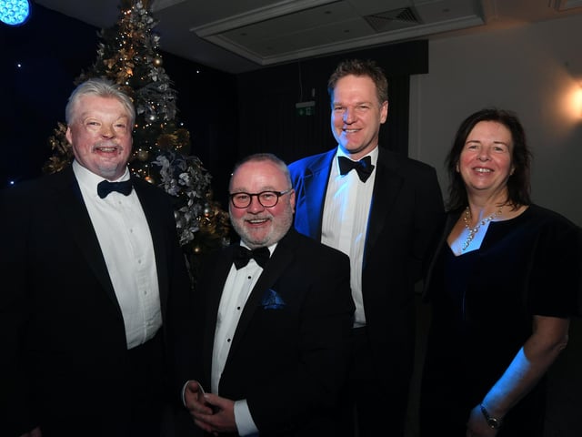 Peterborough Telegraph Business Excellence Awards 2022.  Guest speaker Simon Weston with Matt Gladstone, chief executive of Peterborough City Council, Councillor Wayne Fitzgerald, leader of the city council, and Carole Hughes, founder of Anna's Hope.