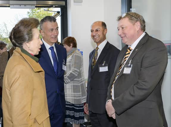 The Princess Royal being introduced by Dr Nikos Savvas to Elton D’Souza-Chairman of Governors– Eastern Education Group) and Austen Adams-Chair of The North Cambridgeshire Development Board