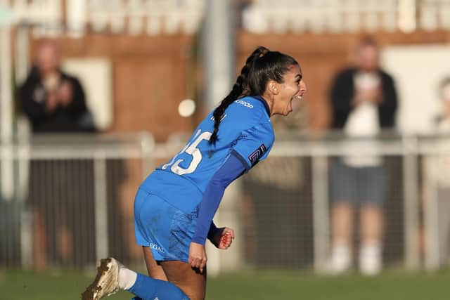 Kira Rai celebrates her goal for Posh v Boldmere St Michael. Photo Darren Wiles.