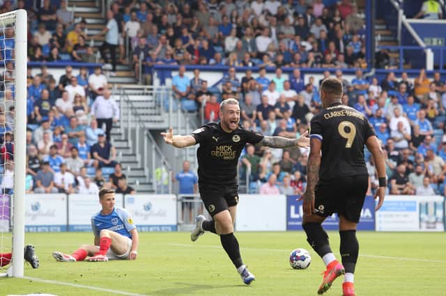Jack Marriott of Peterborough United celebrates his last League One goal for the club at Portmouth on September 3. Photo: Joe Dent/theposh.com