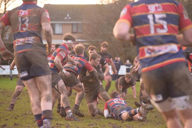 Harry Winch (with ball) scored a try for Oundle against Dorking. Photo Kevin Goodacre.