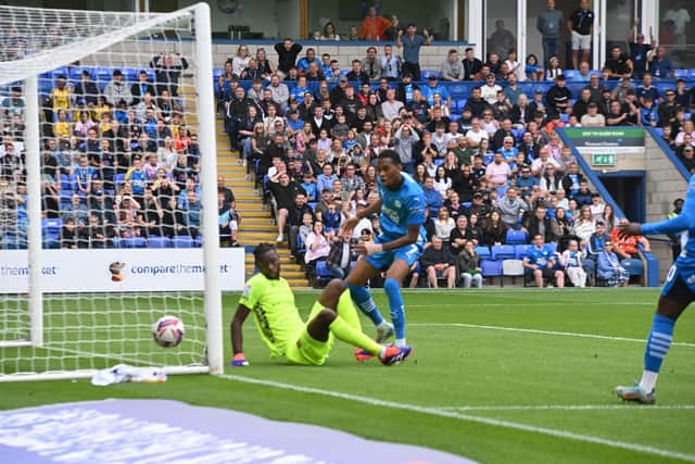 Malik Mothersille misses a great chance to score for Posh against Wrexham. Photo David Lowndes.
