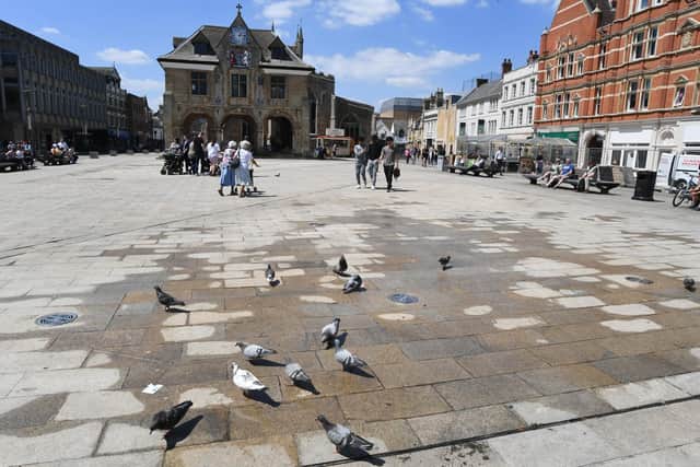 Cathedral Square in Peterborough shortly after the fountains had stopped working last summer.
