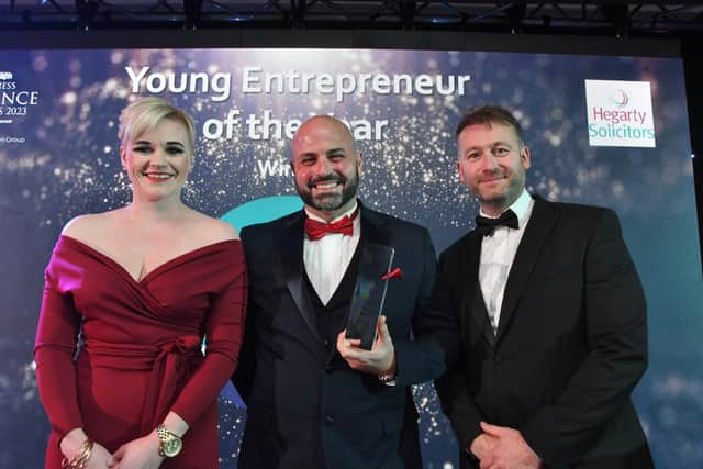Peterborough Telegraph Business Excellence Awards 2023. Sponsor  Ashley Sutherland  and James Ketchell  with Young Entrepreneur of the Year winner Peter Rushmer